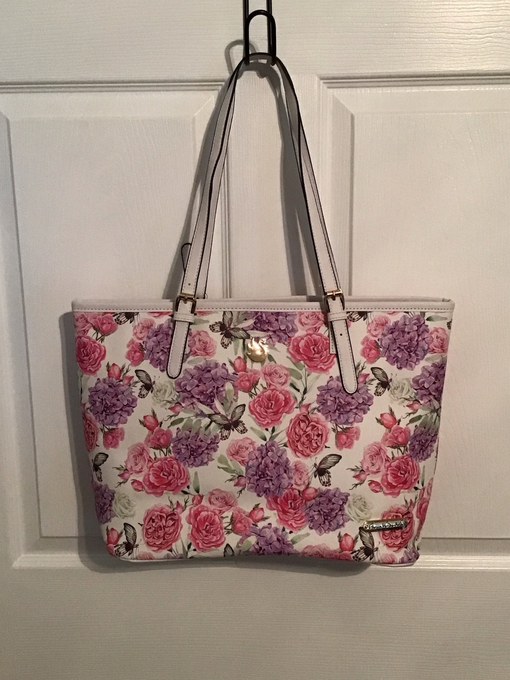 Gloria Vanderbilt Floral Tote in White with Pink & Purple Blooms